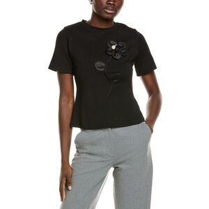 Gracia Womens Flower Applique T-Shirt, Black
